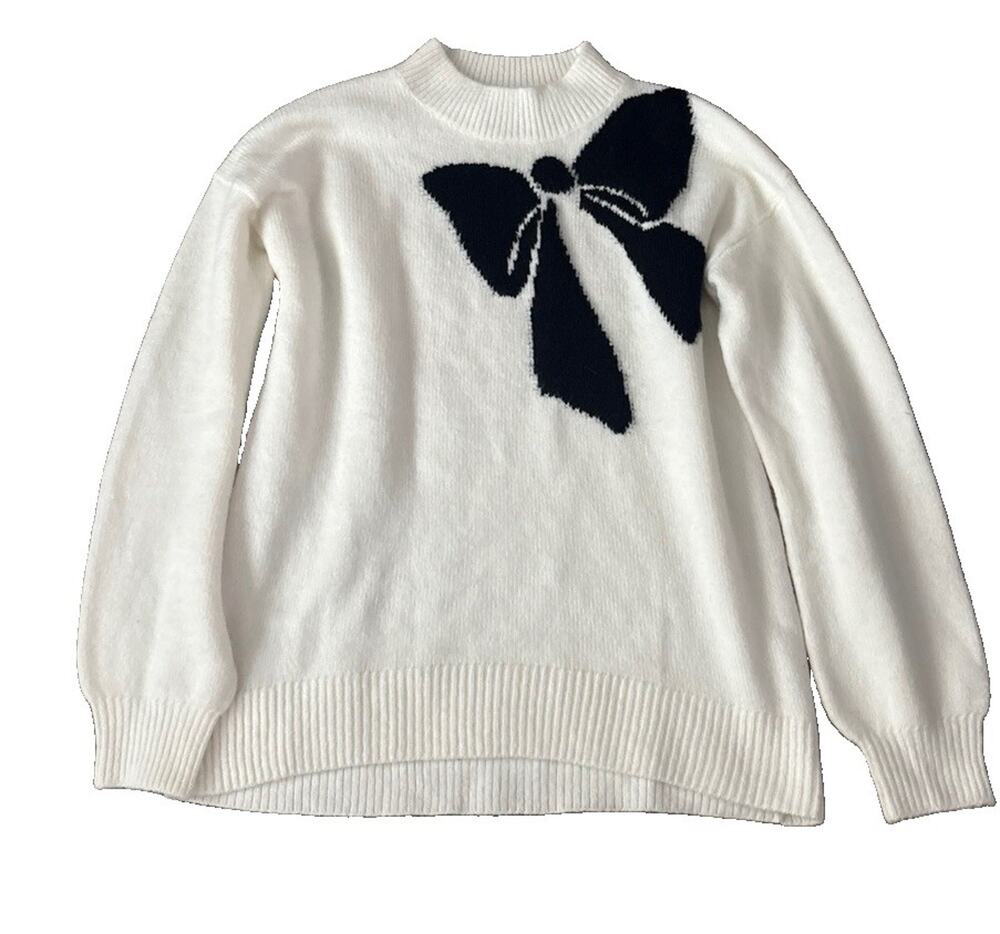 LOFT Cream Woman’s Sweater with Black Bow Size XS Long Sleeve Cozy Knit Pullover